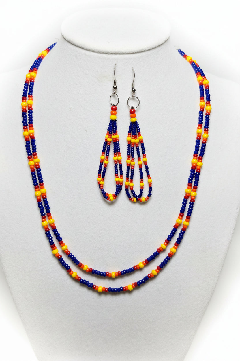 Native American Handmade Czech Glass Seed Bead Necklace &amp; Earring Set –Royal Blue Fire Colors