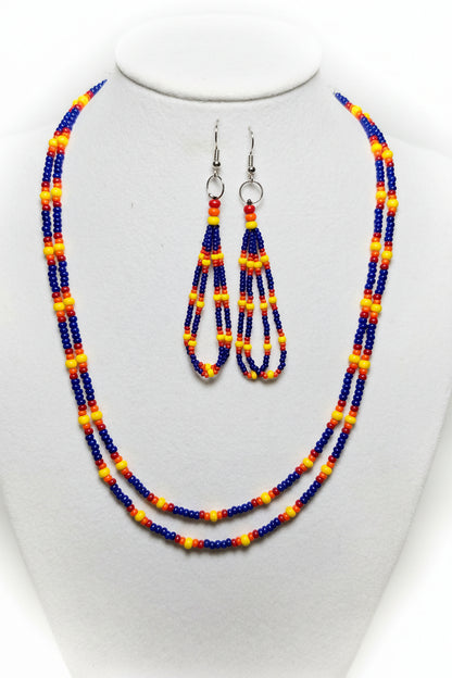 Native American Handmade Czech Glass Seed Bead Necklace &amp; Earring Set –Royal Blue Fire Colors