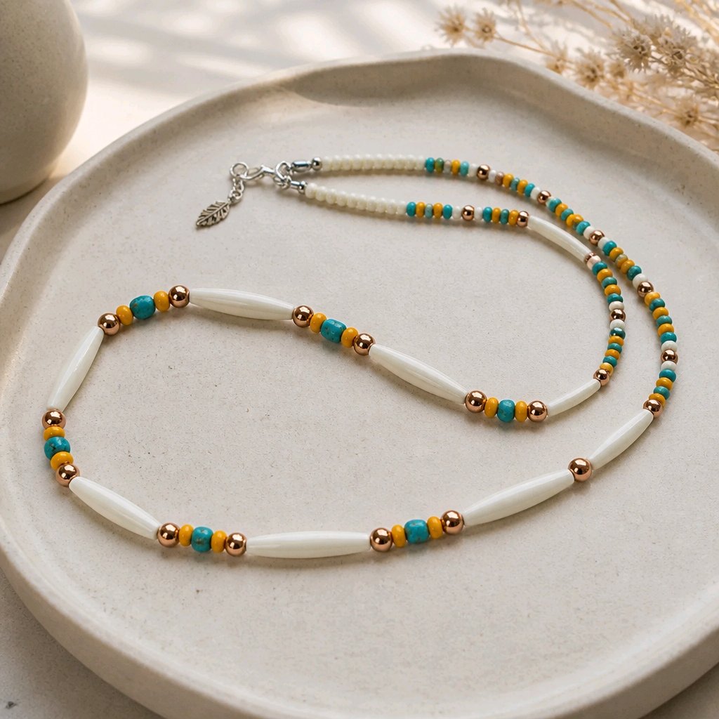 Buffalo Bone Hair Pipe Necklace – Turquoise & Copper | Native American Inspired | 28" Adjustable