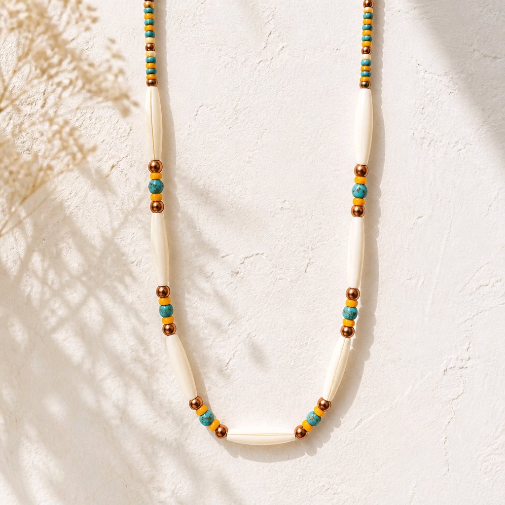 Buffalo Bone Hair Pipe Necklace – Turquoise & Copper | Native American Inspired | 28" Adjustable