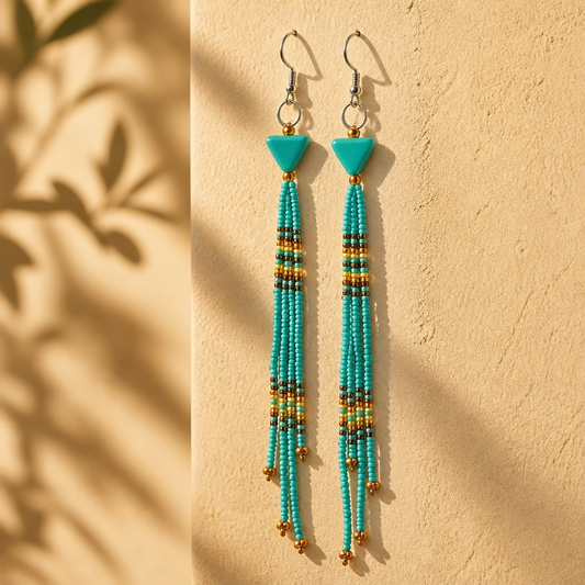 Southwest-Inspired Native Fringe Shoulder Duster Beaded Earrings – Turquoise & Sand