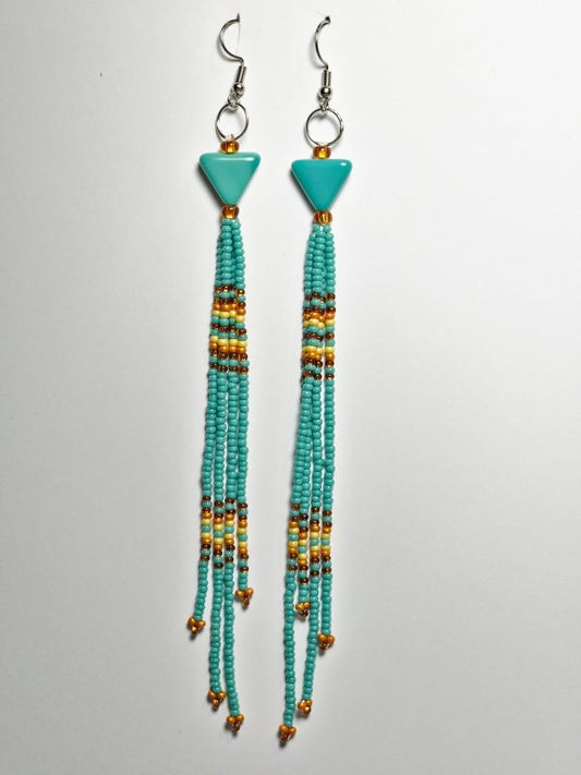 Southwest-Inspired Native Fringe Shoulder Duster Beaded Earrings – Turquoise & Sand with Traditional Native American Colors at Crafty Native