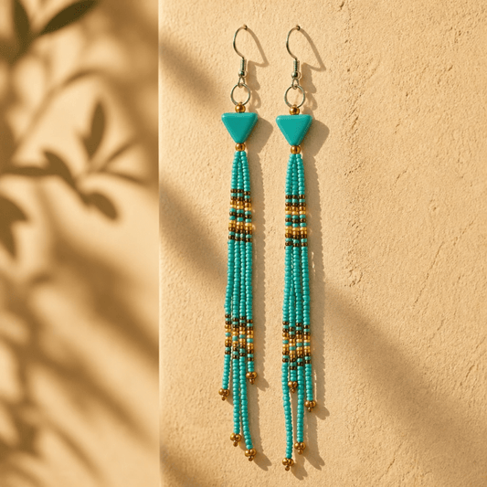 Southwest-Inspired Native Fringe Shoulder Duster Beaded Earrings – Turquoise & Sand with Traditional Native American Colors at Crafty Native