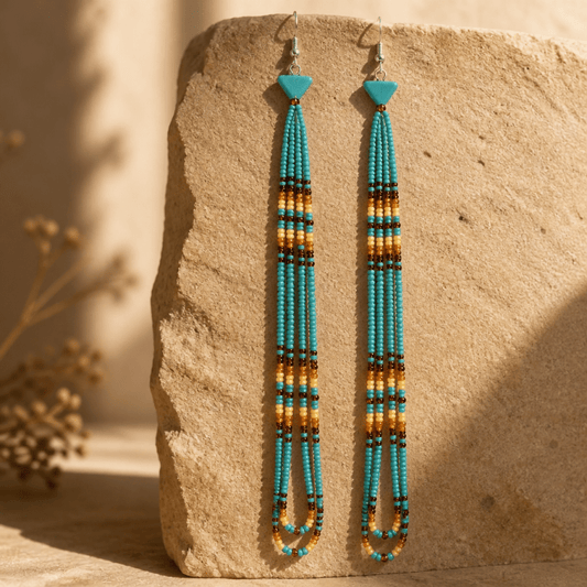 Southwestern Native Style Beaded Shoulder Duster Earrings | Turquoise & Sand -Triangle with Traditional Native American Colors at Crafty Native